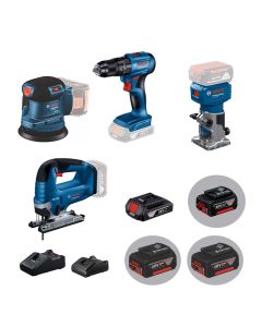 BOSCH 博世精選18v木工組合（一）GSB 185-LI 衝擊鑽 + GEX 185-LI 砂紙機 + GST 185-LI 積梳 + GLF 18V-8 修邊機（四電兩充）