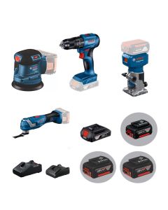BOSCH 博世精選18v木工組合（二）GSB 185-LI 衝擊鑽 + GEX 185-LI 砂紙機 + GOP 185-LI 萬用寶 + GLF 18V-8 修邊機（四電兩充）