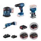 BOSCH 博世精選18v木工組合（二）GSB 185-LI 衝擊鑽 + GEX 185-LI 砂紙機 + GOP 185-LI 萬用寶 + GLF 18V-8 修邊機（四電兩充）