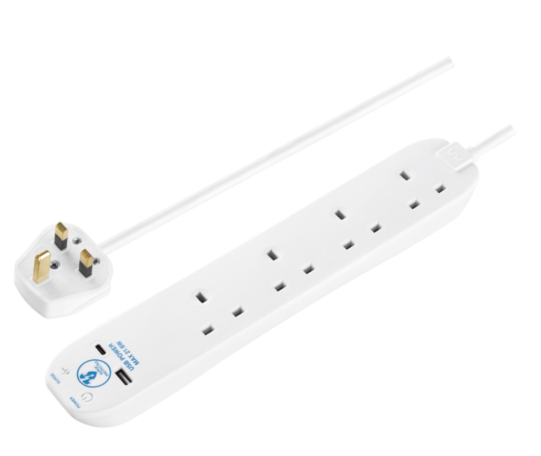 MASTERPLUG USB防雷拖板 USB A & C快充連4位13A 白色 香港行貨 SRGUAC2242N